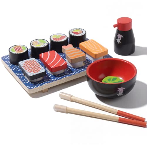 Sushi Slicing Play Food Set, Wooden Pretend Play Kitchen Toys for Kids 3+, Sushi Food Play Learning Toy for Girls Boys