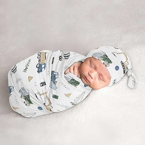 Sweet Jojo Designs Construction Truck Boy Baby Cocoon Swaddle and Beanie Newborn Jersey Set Infant Wearable Blanket Going Home Outfit Set Grey Blue Green Transportation Zone Vehicles Gray Yellow Black