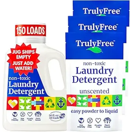 Truly Free Natural Laundry Detergent for Sensitive Skin | Eco Friendly, Plant Based, Baby Clothes Safe | Clean & Easy Powder to Liquid, 3 Pack Detergent + 1 Refillable Jug | Unscented, 150 Loads