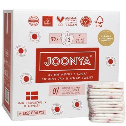 Joonya Baby Diapers, Size 2 S (7-13 lb) - 6 Bags of 30 (180) - Non Toxic, Eco-Friendly, High Absorbency, Overnight Use, Ultra Slim - Made in Denmark