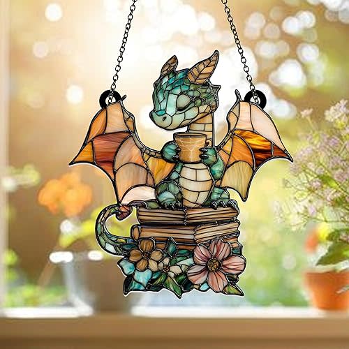 Cute Dragon Acrylic Window Hanging – Suncatcher Style Baby Dragon with Books & Flowers – Fantasy Suncatcher Gift for Book Lovers, Kids, Fantasy Fans, Nursery or Home Décor (Sun-8)