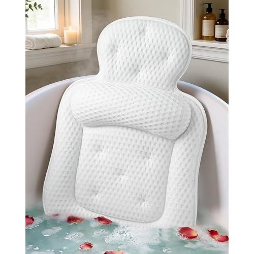 Bath Pillows for Tub, Comfortable Bathtub Cushion for Head and Neck with Soft 3D Mesh Fabric and 54 Non-Slip Suction Cups, Relaxing Tub and Shower Accessories Spa Gift White Standard
