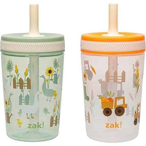 Zak Designs Kelso Toddler Cups For Travel or At Home, 15oz 2-Pack Durable Plastic Sippy Cups With Leak-Proof Design is Perfect For Kids (Silly Goose, Harvest)