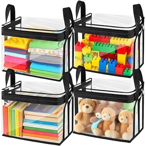 4 Pcs Clear Hard Zipper Bags with Handle Book Storage Organizer Plastic Organizing Cube Bin Waterproof Toy Bags Puzzle Storage Box for Books Toys Clothes Supplies(Medium)