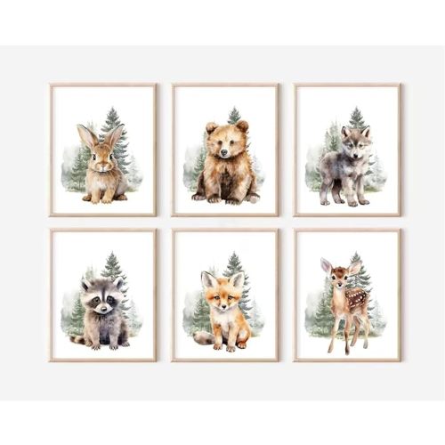 Woodland Animal Nursery Wall Art Decor Set of 6 Baby Boys Room Wall Art Forest Animal Canvas Wall Decor Kids Art Prints Watercolor Bear Deer Fox Pictures Artwork for Bedroom 8x10 Inch Unframed