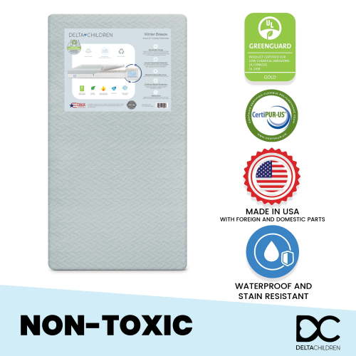 Delta Children Winter Breeze Mattress - Breathable Baby Crib and Toddler Mattress w Cloud Core, Machine Washable Cover, GREENGUARD Gold, Waterproof, Sustainably Sourced Fiber Core, Artic Blue/White