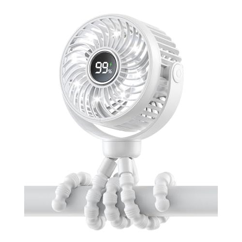 Bearwind Mini Portable Stroller Fan for Travel,360° Rotation,4-Speed LED Night Light Clip on Fans Operated by Rechargeable Battery, Cordless Fan with Tripod Car Seat Baby Pram (White)