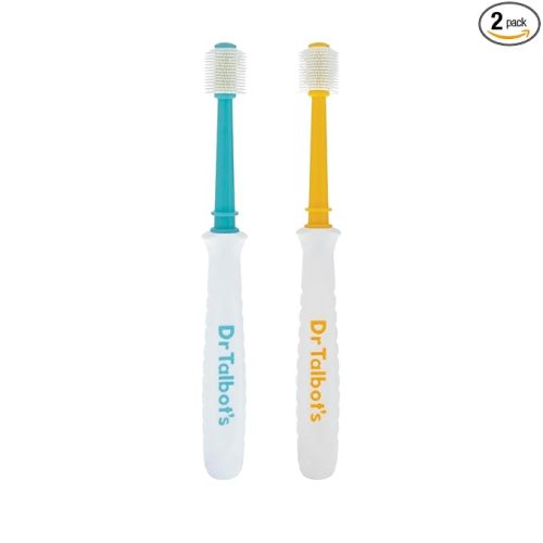 Dr. Talbot's Toddler 360° Toothbrush for Kids - Soft Bristles Gently Cleans Teeth & Massages Gums - Easy-Grip Handle for Kids - Encourages Good Oral Hygiene - (2 Pack) Aqua/Yellow