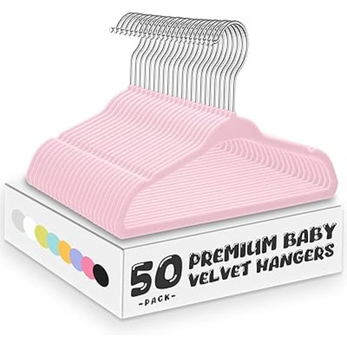 Pink Velvet Kids Hangers 50 Pack - 11" Ultra Thin Non-Slip Clothes Hangers for Baby/Toddler/Daycare | 360° Rotating Hooks, Space-Saving Nursery Organization