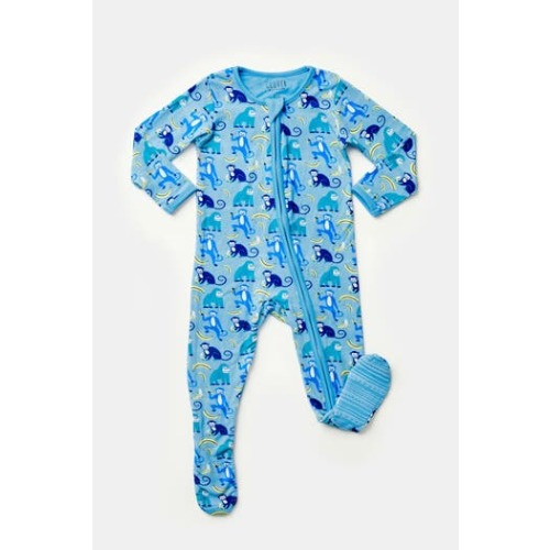 Soft & Stretchy Zipper Footie - Monkeying Around Blue, 0-3M