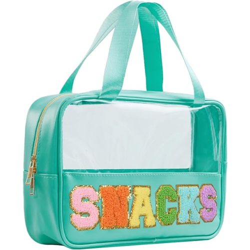 Snack Bags Chenille Letter Patch Clear Bag Snacks Bag for Travel, Preppy Cosmetic Bag Snacks Pouch with Zipper, Toiletry Bag for Traveling women, Clear Travel Bags for Toiletries (Green)