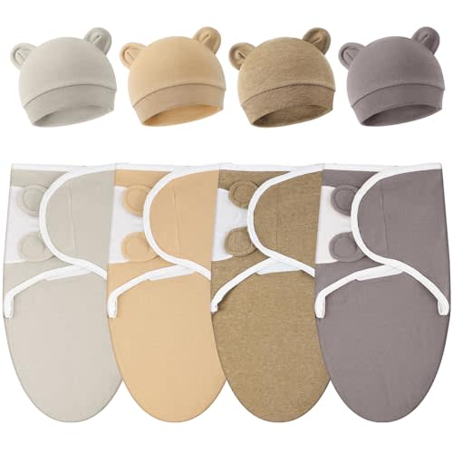 Buryeah 4 Pack Preemie Swaddle Blanket Wrap Set with Hat for Baby Boys Girls 3-7 Lbs Preemie Newborn Clothes Sleepers Cap
