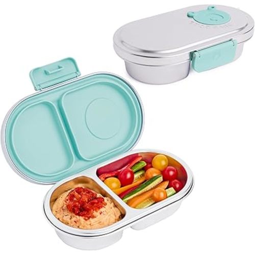 Good Bare Stainless Steel Snack Container for Kids – 2 Compartment Metal Bento Box, Leakproof, Non-Toxic, Easy-Open Latch, Dishwasher Safe, Small Snack Pack, Perfect for On-the-Go (Mint Green)