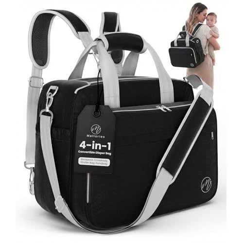Mellories 4 in 1 Convertible Diaper Bag Tote For Baby Boys and Girls - Converts Into Diaper Backpack, Baby Tote, Stroller Bag and Crossbody Diaper Bag - Black Baby Travel Bag - Gift for Mom
