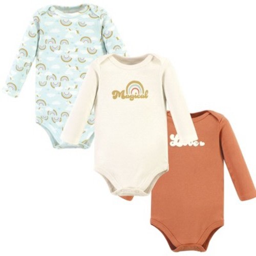 Hudson Baby Basics Infant Girls Essential Long Sleeve Bodysuits 3-Pack, Whimsical Rainbow, 0-3 Months