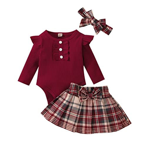 Sasaerucure Baby Girl Christmas Romper with Suspender Skirt Red Plaid 2Pcs | Infant Toddler Fall Winter Outfits Long Sleeve Romper Knitted Bodysuit with Plaid Skirt 2Pcs Christmas Outfits