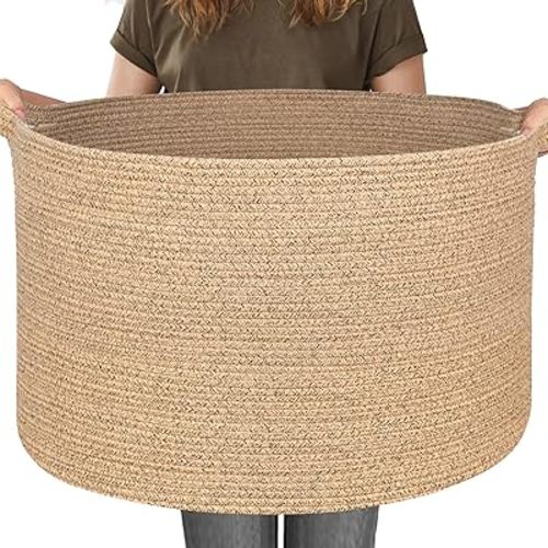 MEGASKET 115L Wicker Storage Basket, 23.6"x15.7" Woven Cotton Rope Basket, Giant Kids Dog Toy Bin Organizer, XXXL Blanket Pillow Holder for Living Room, Brown Variegated Wicker Baskets for Organizing
