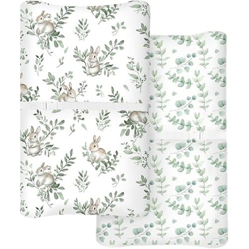 Changing Pad Cover for Baby Boys Girls 2 Pack, Fits Standard 32”×16” Changing Table Pads, Silky Breathable Stretch Knit, Machine Washable (Bunny Meadow)