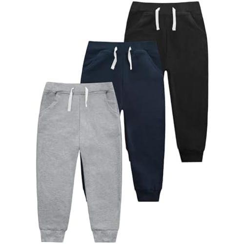 VOGRYE 3 Pack Boys Cotton Toddler Sweatpants Boys Joggers Pants with Pocket Drawstring for Kids 2T-14 Years
