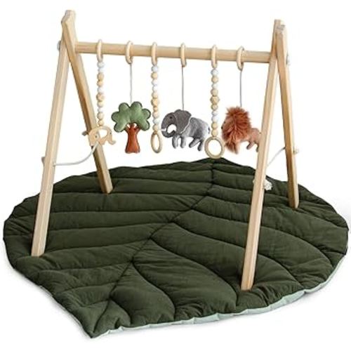 Razee Wooden Baby Play Gym Activity Mat, Leaf Shaped Play Mat Baby Gym with 6 Hanging Sensory Toys Foldable Baby Gym Newborn Infant Baby Use