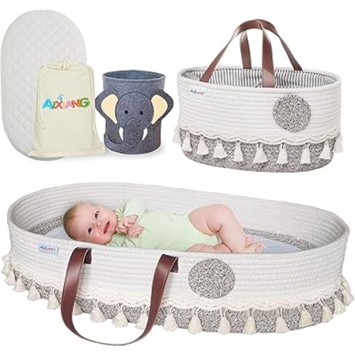 AIXIANG Baby Changing Basket with Diaper Caddy,Macrame Boho Moses Baskets for Newborn,Handmade 100% Cotton Rope,Baby Dresser,Moses Basket for Babies,Baby Basket Bassinet,Portable Changing Table