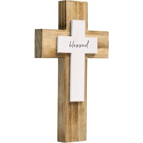 OKSQW Wall Wooden Cross Christians Crosses Spiritual Religious Cross With Hook Christmas Wall Hanging Handmade Nature Wood Color with Blessed Design for Church Home Room Decor Wood Crucifix Gift