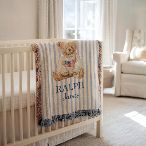 Personalized Baby Boy Teddy Bear Woven Blanket, Custom Name Nursery Throw, Blue Stripe American Flag Decor, Baby Shower Newborn Gift