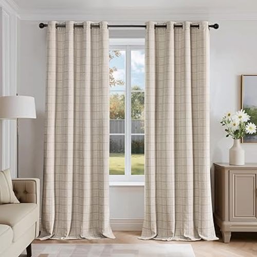 Beauoop Beige Plaid Jacquard Blackout Curtains 84 Inches Long 2 Panels for Bedroom Living Room Checkered Room Darkening Thermal Insulated Soundproof Grommet Window Treatment Drapes, 52x84 2 Set