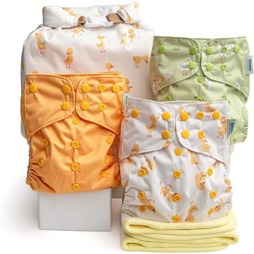 Kinder Cloth Diapers Reusable Baby Diapers Pocket Style Athletic Wicking Jersey, Bamboo Viscose Inserts, Wet Bag, Newborn to Potty Training 7-60lbs, One Size (Just Ducky, 3 Pack, with Inserts)