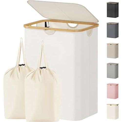 Lifewit 150L Laundry Basket with Lid, Clothes Hampers for Laundry with Bamboo Handles and 2 Removable Bag, Large Foldable Laundry Hamper for Bedroom, Bathroom, Dorm, Laundry Room, Off White
