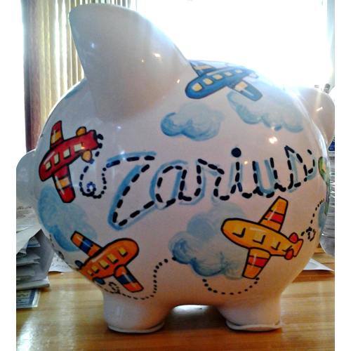 Personalized Piggy Bank Airplane Design Primary Colors Boys Room Handpainted