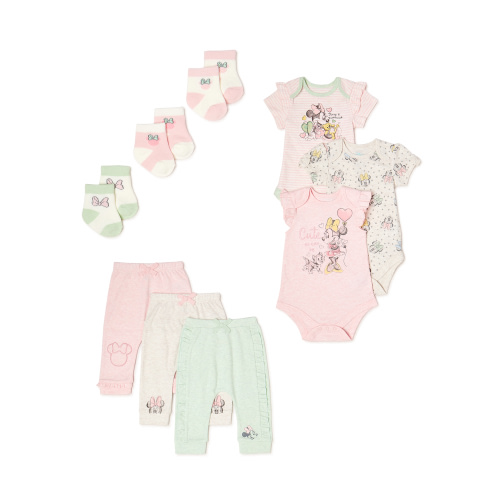 Disney Baby Wishes + Dreams Baby Girl Minnie Mouse Bodysuits & Pants Set, 9-Piece, Newborn-12 Months