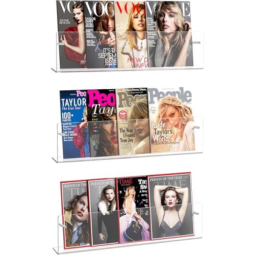 HBlife 24 Inch 3 Pack Clear Acrylic Magazine Holder, Wall Mounted Floating Bookshelf, Brochure Display Rack for Office, Living Room, Waiting Room, Nursery, Home Storage