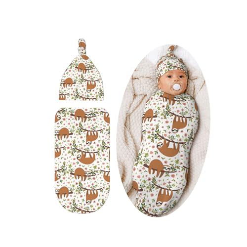 Cute Sloth Baby Stuff Swaddle Blanket Hat Set, Soft and Stretchy Newborn Sleeping Sack Receiving Blanket Shower Gift for Boys Girls