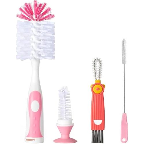 Baby Bottle Brush Set 4 in 1, Baby Bottle Cleaner, with 1P Nylon Bottle Brush, 1P Bottle Cap Brushes, 2P Straw Brushes, Bottle Brush with Nipple Cleaner and Suction Cup, BPA-Free(Pink)