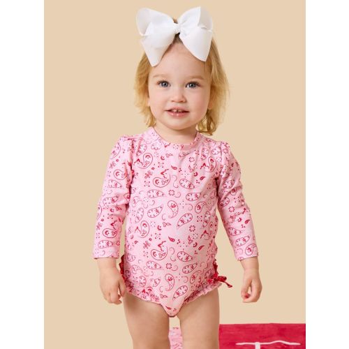 Novelty Long Sleeve One Piece Rash Guard Swim Suit with Ruffles Pink Bandana 3-6M