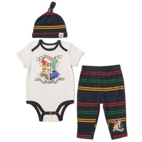 Harry Potter Gryffindor Slytherin Ravenclaw Infant Baby Boys 3 Piece Outfit Set: Cuddly Bodysuit Pants Hat white / gray 12 Months