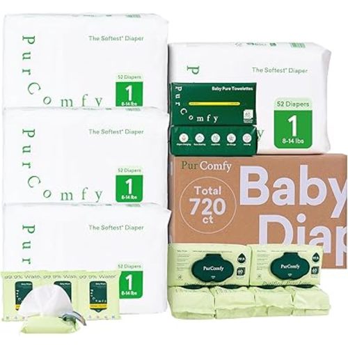 PurComfy Baby Diapers Essential Kit, 4 Pack Size 1 Diapers (208 Ct), 6 Baby Wipes (360Ct), 4 Travel Wipes (32Ct) and 2 Dry Wipes (120Ct), All-in-One Newborn Essentials Kit, Total 720 Ct