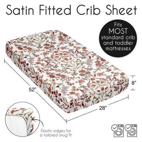 Sweet Jojo Designs Ivory and Orange Boho Vintage Floral Girl Satin Fitted Crib Sheet Bohemian Wildflower Botanical Farmhouse