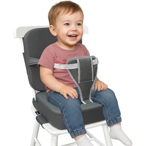Toddler Booster Seat for Dining Table, Kitchen Chair Booster Seat with Backrest and Adjustable Straps, Non Slip Waterproof PU Cushion, Portable Dining Chair Booster Seat,Dark Grey