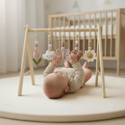 Floral Baby Gym Wooden Play Gym with Crochet Tulip Butterfly Cloud Daisy | Montessori Baby Activity Gym | Neutral Nursery Decor | Baby Gift