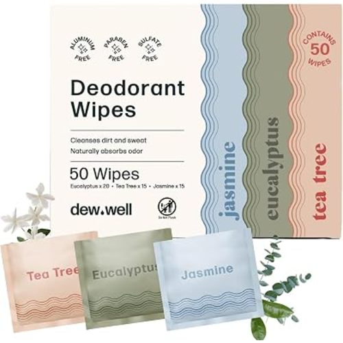 Dew Well Refreshing Deodorant Wipes, Refresh Body Deodorant Wipes, A Fresh Start When You’re On the Go, Aluminum, Paraben, and Sulfate Free, Variety Pack (Tea Tree, Eucalyptus, Jasmine)