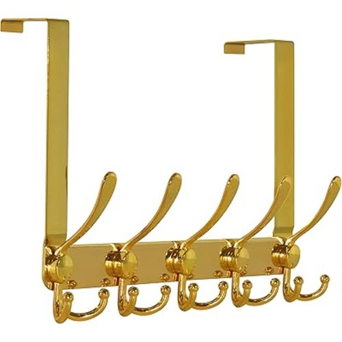 Dseap Over The Door Hook Hanger - Fits 1 3/8" to 1 3/4" Standard Doors | 5 Tri Hooks Heavy Duty Towel/Coat Rack | Door Organizer for Clothes, Jackets, Hats, Towels, Gold