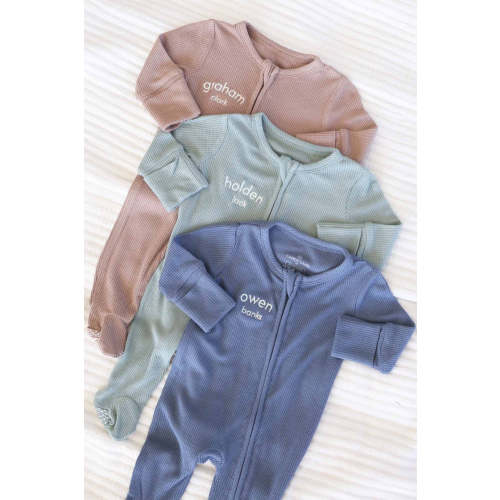 Embroidered Bamboo Waffle Zipper Footies in Mountain Haze | Caden Lane