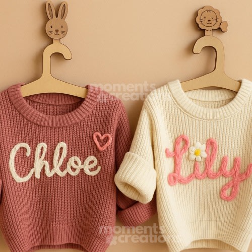 Personalized Name Hand Embroidered Baby Sweater: Custom Name Knit Jumper for Kids & Babies