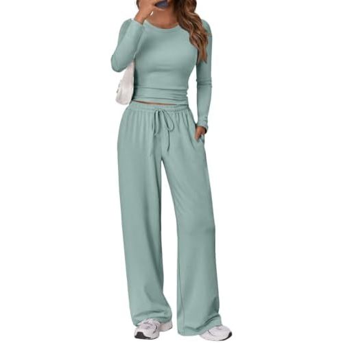 Trendy Queen Women's 2 Piece Matching Lounge Set Long Sleeve Side Ruching Top Wide Leg Drawstring Pants Set with Pockets
