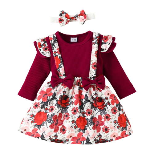 CAICJ98 Baby Girl Winter Clothes Toddler Girl Spring Fall Outfit Long Sleeve Ruffle Romper Suspender Skirt Headband Set Red,Size 6-9 Months