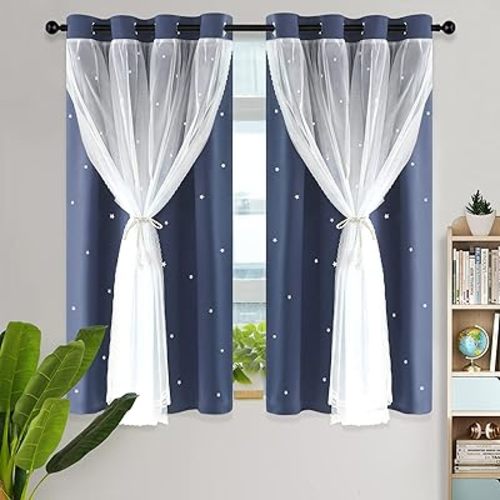 Kinryb Star Cutout Blackout Curtains Double Layer Curtains with Durable Sheer Curtains for Bedroom Thermal Insulated Window Treatment Set with 2 Free Tiebacks (52Wx63L 2 Panels Stone Blue)