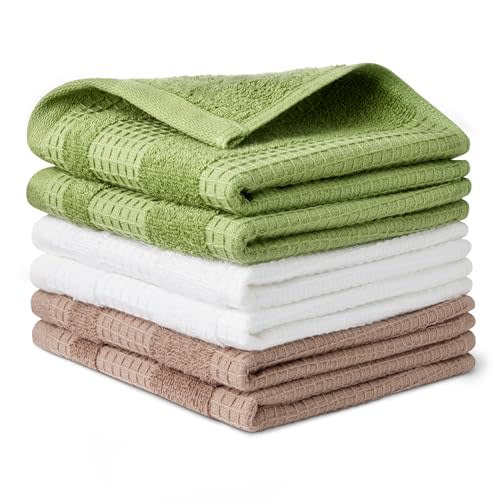 Amazon Basics Organic Cotton Waffle Kitchen Dish Cloths, Ultra Absorbent, Quick Drying, Lint-Free, 12 x 12 Inches, 6-Pack (2 Brown, 2 Olive, 2 Navy Blue)