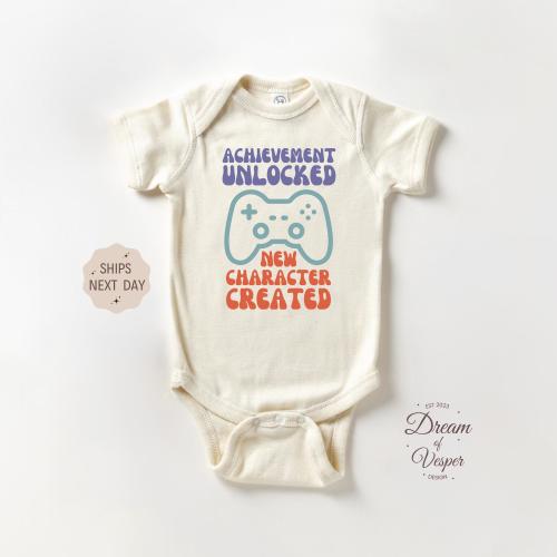 Achievement Unlocked Onesie®, New Character Created Onesie®, Retro Gaming Baby Reveal Bodysuit, Video Game Baby Onesie® Gaming Lover Onesie®